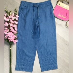 NEW Victoria Holley Blue Embroidered Linen Crop Pants Size 8